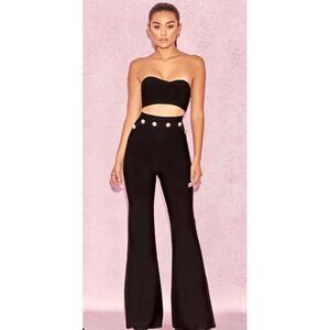 House of CB Bardot Black High Waist Bandage Flared Trouser Pants Medium NEW